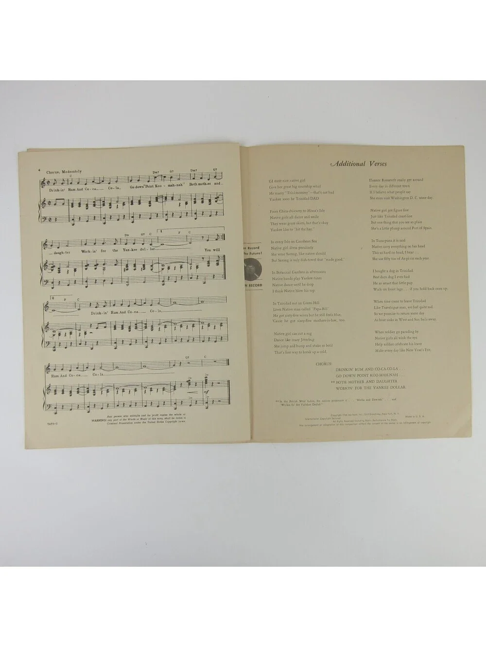 Sheet Music Rum and Coca-Cola Andrews Sisters Vintage 1944